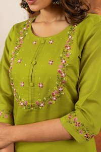 Women's Lime Green Embroidered Marina Silk Quick Dry <b>Kurta</b> Set Cream Dupatta Traditional <b>Indian</b> Pakistani Casual Ankle-Length - Product Image 4