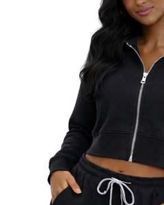 Sudadera corta con capucha y cremallera para mujer, de algodón negro, forro polar, manga larga, informal, estilo urbano, ropa de invierno para mujer y chica, a la moda - Product Image 5