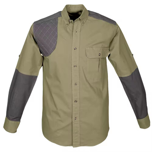 Chemise de pêche à manches longues pour homme, vert olive avec patchwork gris, UPF 35, polyester respirant, fermeture à boutons - Product Image 1