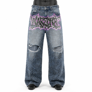 Pantalones Vaqueros Anchos Azules Lavados Personalizados para Hombre al por Mayor con Estampado de Grafiti, Vaqueros Rotos, Estilo Urbano, Ajuste Holgado - Product Image 1