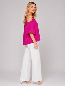 Blouse unie magenta à col en V et bretelles, manches courtes évasées, qualité supérieure, pour femme, vente en gros - Product Image 2