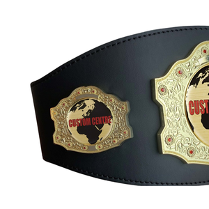 Custom Championship Belt with Gold Globe Emblems and Custom Text Premium Quality Leather Title Belt for Sports - Product Image 3