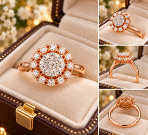 Anillo de Compromiso de Oro Rosa Sólido de 14k con Diamantes Naturales en Racimo, Diseño Floral con Halo, Certificado, Regalo de Aniversario de Bodas - Product Image 4