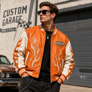 Chaqueta Varsity Personalizada de Cuero PU para Hombre, Marca Shuja Sports, Color Naranja en el Cuerpo y Mangas, Apliques de Llama, Estilo Vintage de Carreras, Béisbol, Bomber - Product Image 3