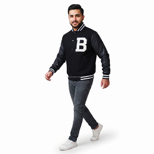 Veste universitaire noire pour homme avec broderie de la lettre B blanche, manches en cuir de vachette, vêtement décontracté, veste universitaire - Product Image 5