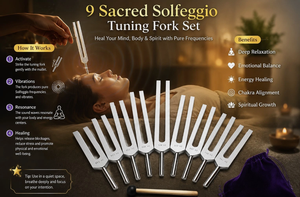 Juego de 9 diapasones sagrados Solfeggio de 128, 174, 285, 396, 417, 528, 639 y 741 Hz con bolsa de terciopelo y mazo. - Product Image 2
