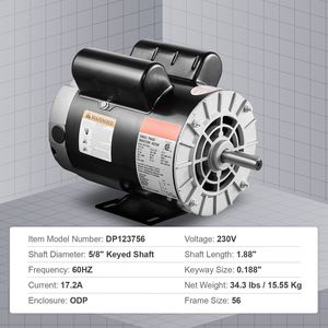 Motor de compresor de aire monofásico de 3.7 HP, 3450 RPM, 230 V, 17.2 amperios, eje con chavetero de 5/8 pulgadas, marco 56, longitud de eje de 1.88 pulgadas, categoría de motores de CA - Product Image 4