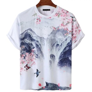 Latest Sublimation Style Men's Short Sleeve T-Shirt With Hand-Painted Mountain And Cherry-Blossom Print O-Neck Loose-Fit Cotton - Product Image 1