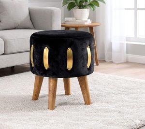Velvet Round Golden Multiple Strip <b>Ottoman</b> Office <b>Stool</b> Foot Rest <b>Stool</b> Linen Fabric Padded Seat Pouf <b>Ottoman</b> with Round Shape - Product Image 3
