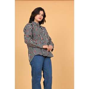 Camisa de Algodón a Rayas con Estampado de Corazones para Mujer, Blusa de Manga Larga con Botones, Estilo Casual Chic para Oficina, Top con Estampado Lindo - Product Image 6
