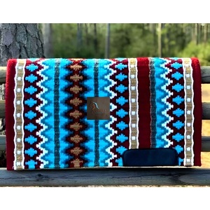 <b>Blue</b> Red Western Saddle Pad Navajo Geometric Woven Wool Blend Horse <b>Blanket</b> Contoured Comfort Ranch Trail Riding Pad - Product Image 1