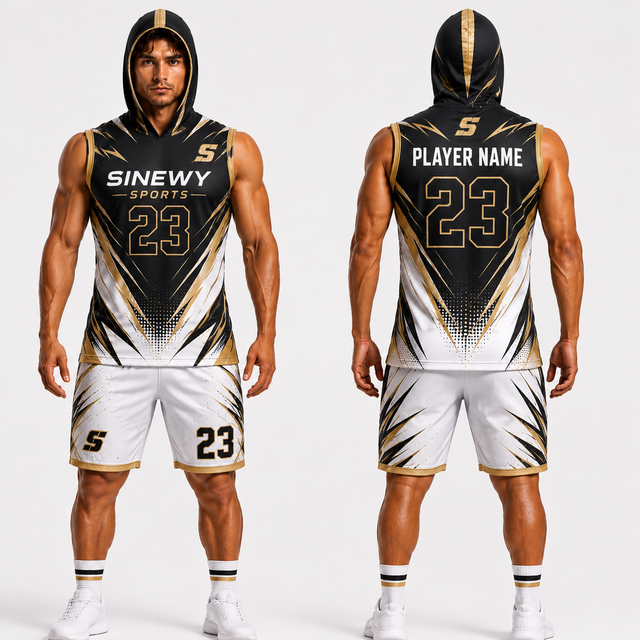 SINEWY SPORTS Unisex Heat-Transfer Printed 100% Polyester Mesh Flag Football Uniform Set Sleeveless Hooded Fitted Moisture