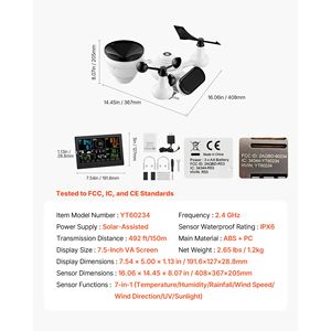 Stazione Meteo Wi-Fi 7-in-1 a Energia Solare con Display VA da 7,5 Pollici, Sensore Wireless per Interni ed Esterni, Monitor Ambientale Domestico - Product Image 4