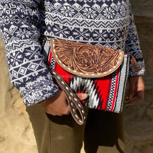 Handmade Aztec Tooled Leather Clutch Stylish Women Saddle Blanket Leather Wallets High Quality Tooled Leather Wristlet Clutch - Product Image 4