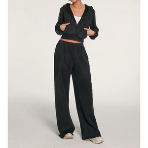 Ensemble de survêtement noir à capuche pour femme, sweat-shirt à fermeture éclair à manches longues et pantalon avec poches latérales, coupe ample, design uni, décontracté, automne - Product Image 3