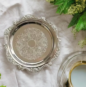 Custom Logo Metal Embossed Aluminium Silver Plate <b>Dinner</b> Wedding Round Decorative Cake Charger Plates and Cup - Product Image 5