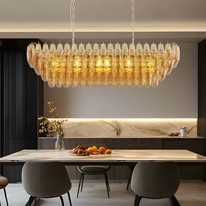 Lampadario Moderno da Cucina Rettangolare Grande 54 Pollici in Oro con 12 Luci e Vetro Fumé, Elegante Lampada a Sospensione per Tavolo da Pranzo e Cucina - Product Image 2