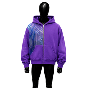 Sudadera con capucha morada transpirable con cremallera, diseño streetwear, estampado por sublimación, manga regular, tela French Terry, moda urbana contemporánea. - Product Image 1