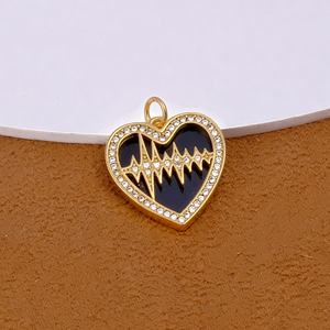 Latido del corazón de Latón chapado en oro Corazón de esmalte negro con borde de Zirconia cúbica y diseño de pulso ECG Joyería simbólica de fiesta romántica - Product Image 3