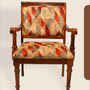 Traditional Colonial Style Armchair Solid Wooden With Multicolor Diamond Geometric Pattern Fabric Upholstered Living Room Chairs - Product Image 1