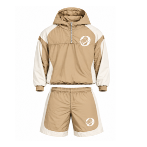 Mens Beige Colorblock Nylon <b>Hoodie</b> Shorts Set Quarter Zip Lightweight Outdoor <b>Running</b> Fitness Training Casual Sportswear - Product Image 1