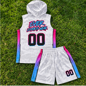 Ensemble de maillots et shorts de basketball à capuche blanc, rose et bleu, sur mesure, avec impression personnalisée, service OEM, design unique pour les équipes scolaires - Product Image 4