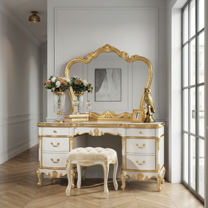 Ensemble <span class=keywords><strong>de</strong></span> coiffeuse <span class=keywords><strong>de</strong></span> luxe en bois massif <span class=keywords><strong>de</strong></span> style baroque français pour suite présidentielle <span class=keywords><strong>de</strong></span> complexe hôtelier, avec finition en feuille d'or personnalisée, mobilier d'équipement hôtelier (FF&E) OEM - Product Image 1
