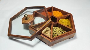 Handmade Wooden <b>Spice</b> Box, Indian Masala Dabba With 7 Compartments <b>Spice</b> Box: Hexagonal Wooden Serving <b>Tray</b> with Glass Lid - Product Image 3