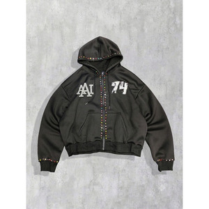 Sudaderas con capucha de lujo Y2K con cremallera y pedrería de cristal para hombre, ropa urbana con diamantes de colores, algodón grueso, logotipo personalizado - Product Image 1