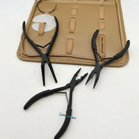 Kit d'outils pour extensions capillaires en acier inoxydable noir mat, pinces à micro-perles en cuir marron, feuille de protection thermique, Velcro - Tout-en-un