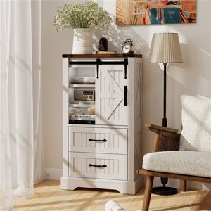 Mobiletto Decorativo Stile Fattoria Bianco con Ante Scorrevoli, 2 Cassetti e Ripiani Regolabili per Uso in Più Stanze, Montato per Facile Installazione nel Soggiorno - Product Image 4