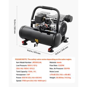 Compressore d'Aria Senza Olio 1HP 1.5 CFM 90PSI con Serbatoio in Acciaio da 1 Gallone, Pressione Massima 120PSI, 78dB Ultra Silenzioso, Compressore d'Aria Portatile - Product Image 3