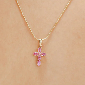 Colgante de Cruz de Oro Sólido de 14K con Zafiro Rosa Vintage y Detalle de Perla - Product Image 1