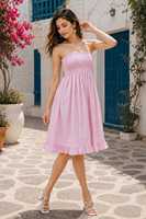 Robe d'été décontractée rose rayée sans bretelles style bohème 100 % coton anti-plis coupe trapèze à épaules smockées longueur midi pour femme