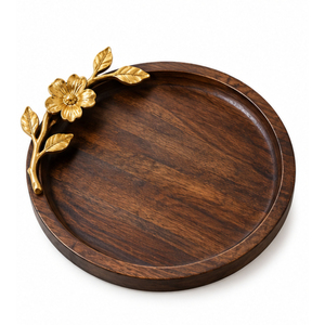 Bandeja Redonda de Madera de Lujo con Asas de Ramas de Olivo en Peltre, Plato Decorativo de Madera de Acacia para Decoración de Mesa de Centro - Product Image 5