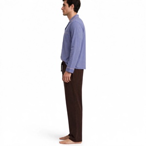Ensemble pyjama à manches longues pour hommes, chemise boutonnée, bordure contrastée et pantalon à cordon de serrage, vêtements de nuit - Product Image 4