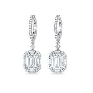 <b>Emerald</b> Cut Diamond Drop <b>Earrings</b> 925 Silver Rhodium Plated Classic Women's Wedding Jewelry - Product Image 2