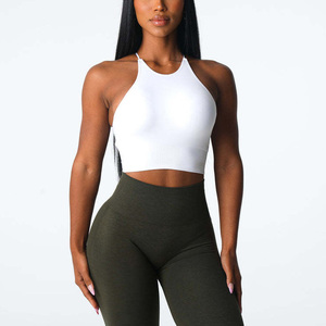 Seamless Halter Sports Bra Medium Support White Yoga <b>Top</b> For Women - Product Image 1