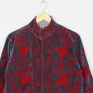 Women Velvet Embroidered <b>Jacket</b> Mandarin Collar Lantern Sleeve Floral Boho Style Autumn Coat Handmade Suzani <b>Pattern</b> - Product Image 4