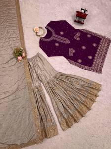 Purple Embroidered <b>Indian</b> Pakistani Set <b>Kurta</b> Sharara Dupatta Heavy Beaded Floral Wear for Wedding Party - Product Image 3