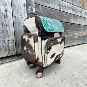 Western Rolling <b>Backpack</b> Cowhide Print Leather Zipper Closure Bohemian Style Unisex Travel Bag with <b>Wheels</b> - Product Image 4