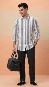 Men's Double Breasted Striped Cotton Casual Shirt Full Sleeve Turn-<b>down</b> Collar Breathable Summer Style Woven Poplin Fabric - Product Image 3