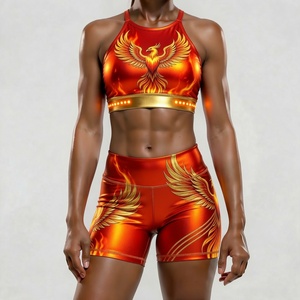Color Blocking 2 Piece Yoga Set High Waist Shorts Scoop Neck Racerback <b>Crop</b> <b>Top</b> Breathable Spandex Polyester - Product Image 2