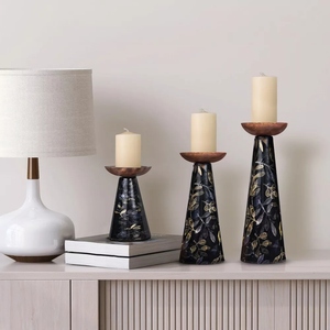 Modern design Dark floral enamel candle holder 3 <b>pc</b> <b>set</b> decorative pillar candle holders wooden accent candle stand offer custom - Product Image 2
