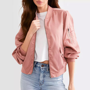 Sleeve Zip Pocket Knitted Satin Ladies Bomber <b>Jacket</b> Windproof Nylon Slim Fit Eco-Friendly Womens <b>Cropped</b> Coaches Bomber <b>Jackets</b> - Product Image 1