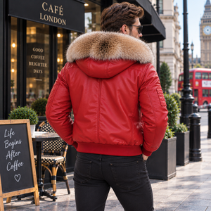 <b>Men's</b> Red Leather Bomber <b>Jacket</b> with Fur Hood Plaid Pattern | Giacca Uomo | <b>Summer</b> Casual - Product Image 5