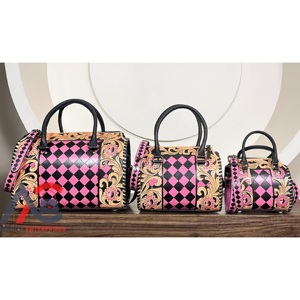 High Quality Luxury Fashion Hand Tooled Leather <b>Small</b> Speedy <b>Bag</b> Lightweight Pink & <b>Black</b> Checkered Travel Duffle <b>Bag</b> for Unisex - Product Image 1