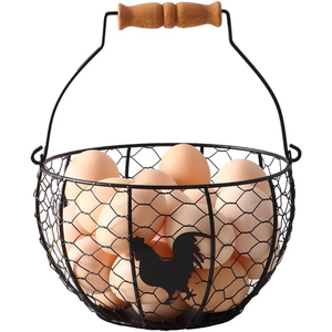 Farmhouse Style Metal Wire Egg Holder With Wooden Handle Rustic Chicken Gathering & Storage Holder For Fresh Eggs Countertop - Product Image 1