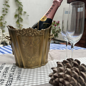 Ornate Antique <b>Gold</b> Metal <b>Ice</b> <b>Buckets</b> Feature Intricate Floral Reliefs Scalloped Edges Engraved Patterns And Dual Side Handles - Product Image 5