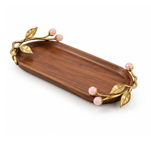 Bandeja Ovalada de Madera de Acacia con Asas de Flor de Loto en Latón Dorado, Bandeja Decorativa Artesanal para Mesa de Centro - Product Image 2
